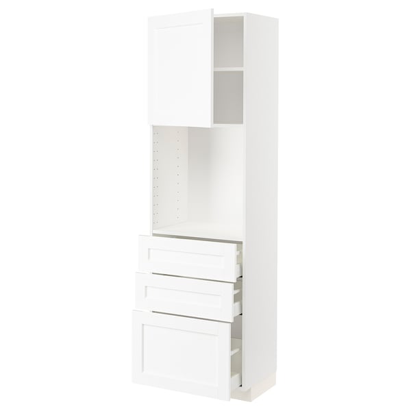 White METOD kitchen unit with drawers and shelves. Modern design with wooden texture, tall and rectangular.