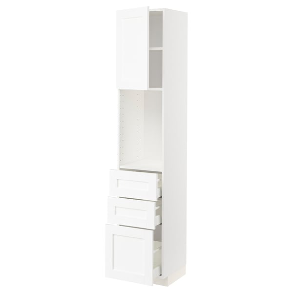 White METOD kitchen cabinet with drawers and shelves.
