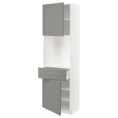 A white and grey IKEA METOD kitchen unit with shelves and drawers. It grey bodbyn fronts with bevelled edges.