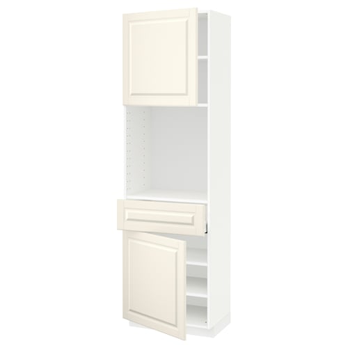 White METOD kitchen cabinet with off-white bodbyn door and drawer, bevelled edges.