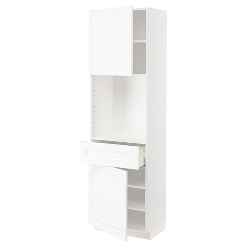 White METOD kitchen unit, tall with drawers and shelves, modern minimalist design.