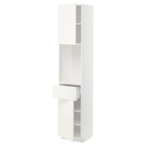White METOD kitchen cabinet, tall with 1 open drawer, minimalist and clean design.
