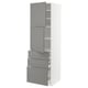 White and grey modern kitchen cabinet with drawers and shelves.