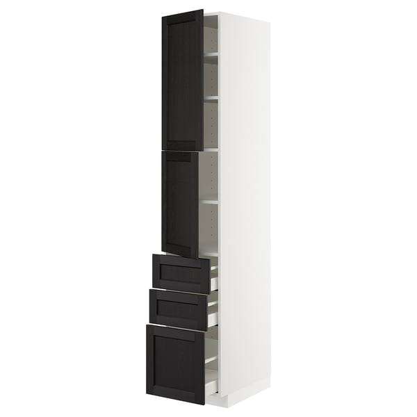White and grey modern kitchen cabinet with drawers and shelves.