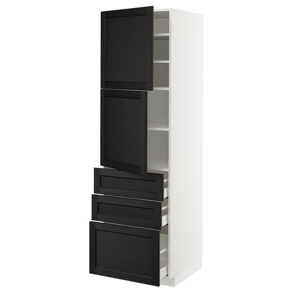 METOD kitchen unit: tall, white cabinet with black drawers and upper door, modern design.