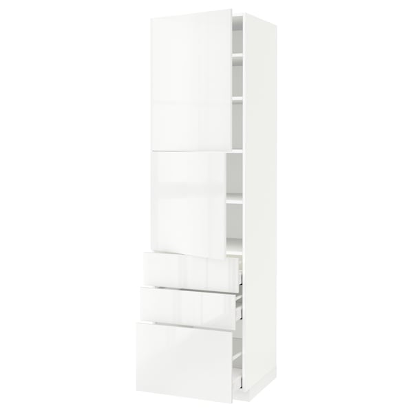 White, high gloss METOD kitchen unit with three drawers and an upper cabinet.