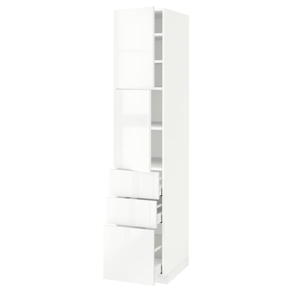 A white high cabinet from the METOD kitchen system. The cabinet a glossy finish, multiple shelves, and drawers.