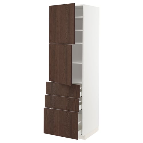 An ikea METOD kitchen cabinet with dark brown wooden drawers and doors, white frame, and adjustable shelves.