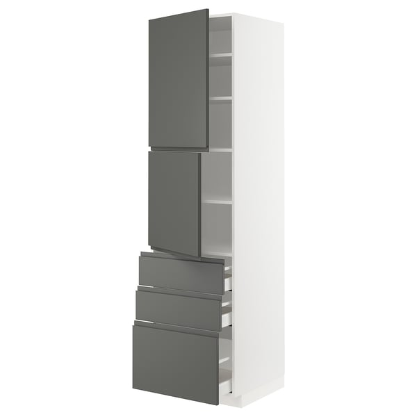 Modern kitchen unit, white with grey drawers and doors, sleek design.