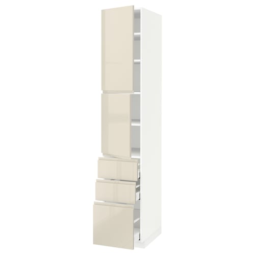 Ikea METOD high gloss beige kitchen cabinet with integrated handles and adjustable shelf.