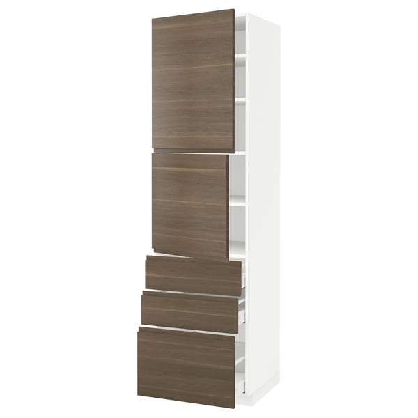 A white METOD kitchen cabinet with dark walnut effect drawers, featuring a minimalist design with integrated handles.