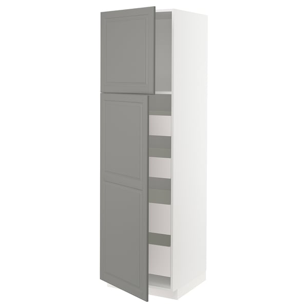 Ikea METOD kitchen unit with grey bodbyn doors, white frame, adjustable shelves, and soft-close drawers.