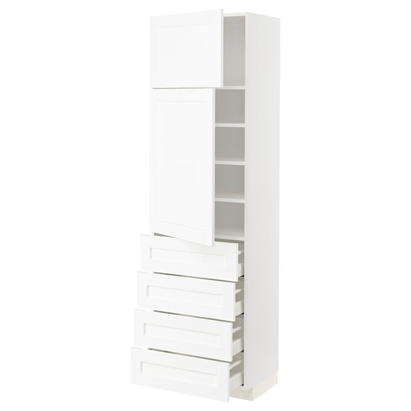 METOD white kitchen cabinet with six drawers and two shelves, featuring modern design.