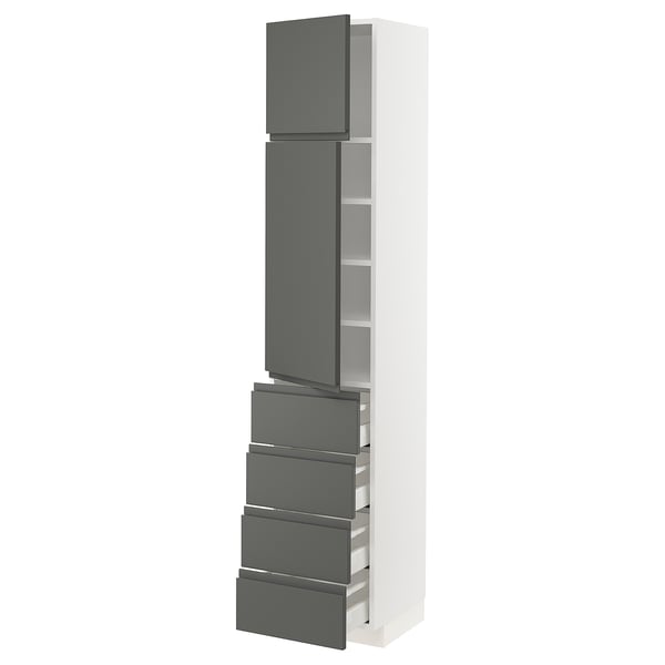 Modern kitchen unit, white & dark grey, slim, rectangular with 3 drawers & 2 shelves.
