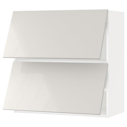 A white, modern wall-mounted kitchen cabinet with a sleek design. This cabinet two open shelves and has a glossy finish.