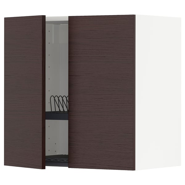 METOD kitchen unit, dark brown with wooden texture, rectangular, two doors open exposing storage and dish drainer.