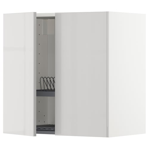 METOD kitchen unit, mostly white, glossy finish, one door ajar showing interior shelves and dish drainer.
