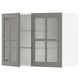 Grey METOD kitchen cabinet with glass doors, featuring adjustable shelves and bevelled edges.