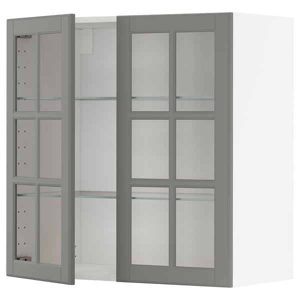 Grey METOD kitchen cabinet with glass doors, modern square design.