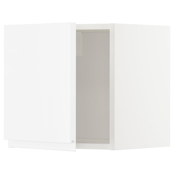 White high gloss kitchen cabinet with glass door, sleek modern design.
