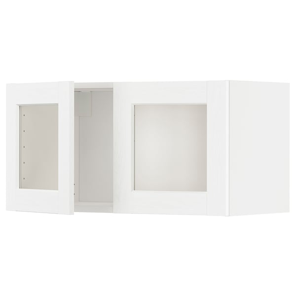 White modern kitchen cabinet set with glass doors and hinged damper, sleek and minimalist design.
