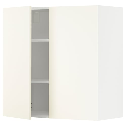 White METOD kitchen cabinet with open door, shelves, modern design.
