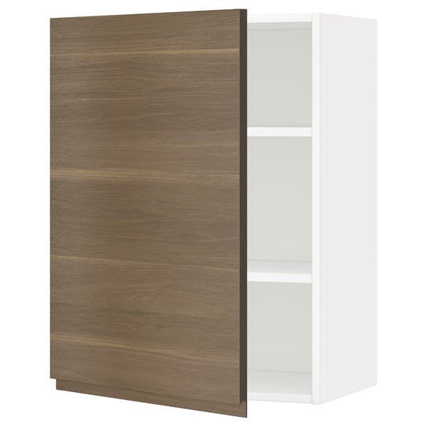 METOD wall cabinet, dark wood effect, white shelves.