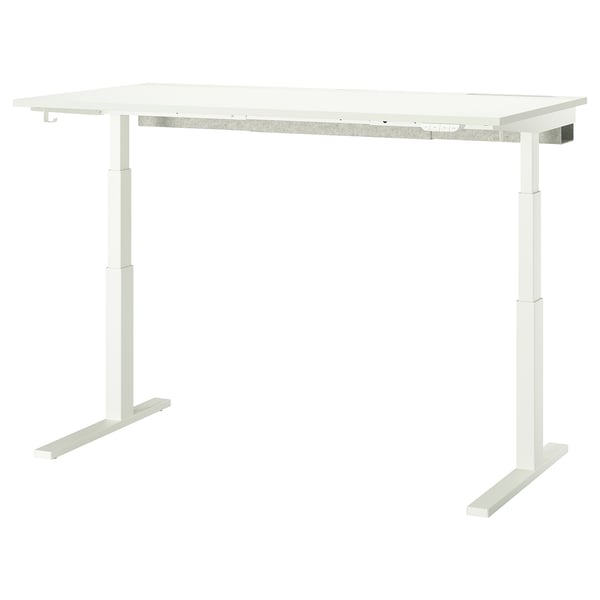 MITTZON desk, white, adjustable height, rectangular top, sleek metal legs, stain-resistant surface.