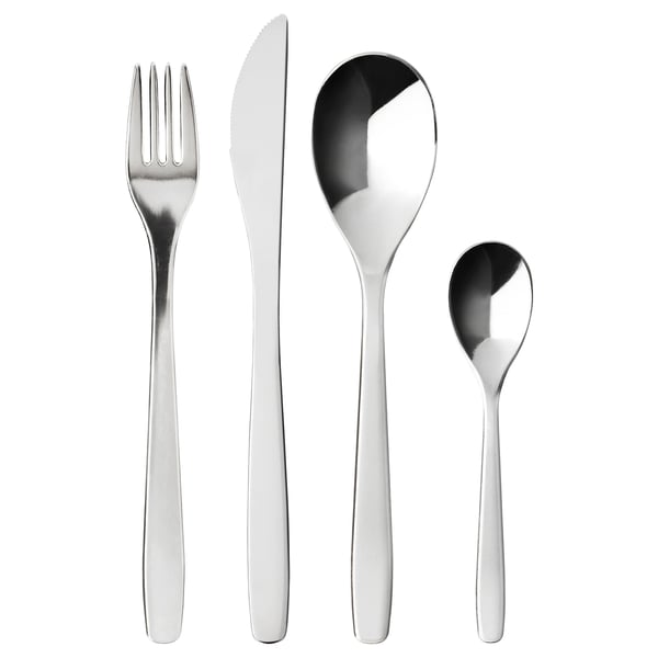 Four gleaming utensils: fork, knife, spoons.