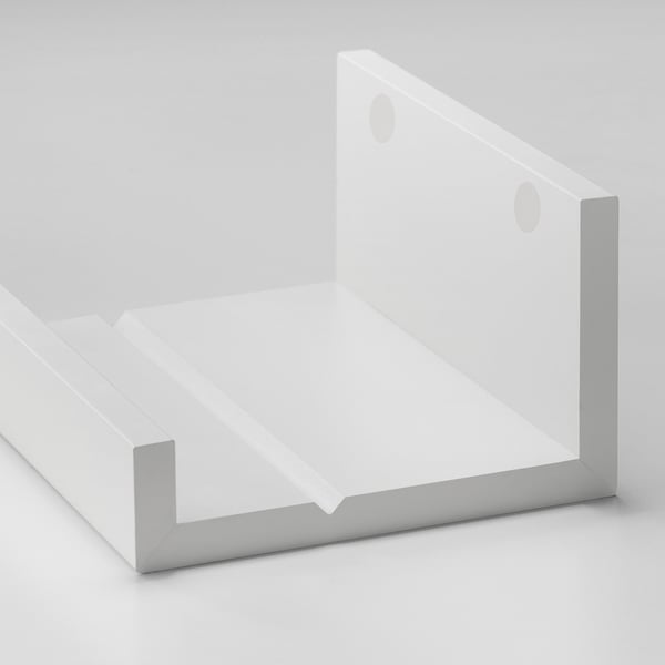 Minimalist white wall shelf, made of fibreboard with a smooth paper foil finish. Two small holes for mounting.