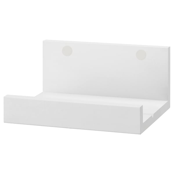 White MOSSLANDA wall shelf; rectangular, holds photos/art.