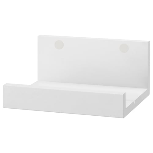 White MOSSLANDA wall shelf; rectangular, holds photos/art.