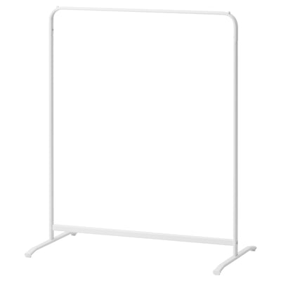 White metal clothes rack. Simple design with four legs, stands alone, used for hanging clothes.