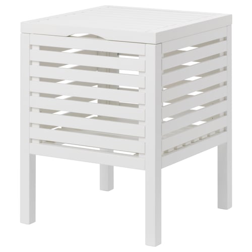 Square wooden stool with slatted sides, 4 legs, used for seating and storage.