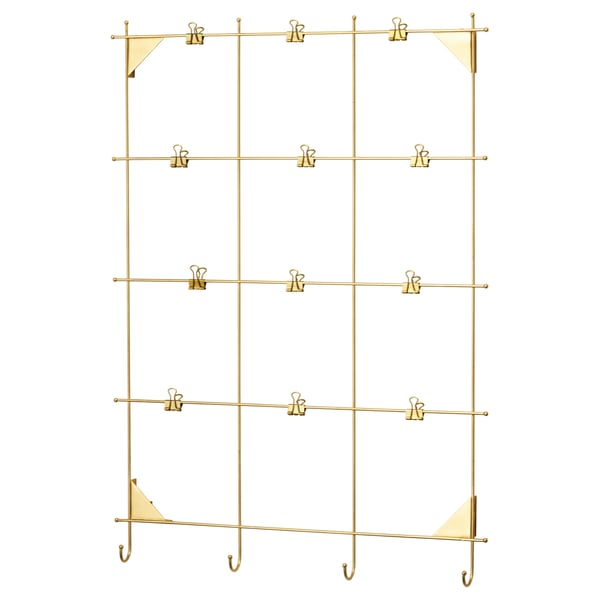 MYRHEDEN gold organiser with clips, hooks, brass-plated steel frame, minimalist design.