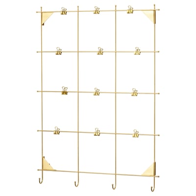 MYRHEDEN gold organiser with clips, hooks, brass-plated steel frame, minimalist design.