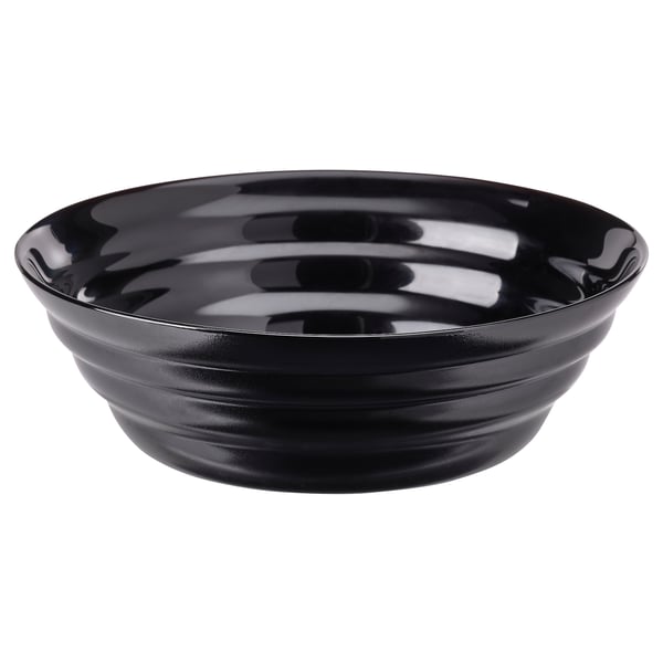 A black, round, tempered glass bowl with a glossy finish, featuring a ripple pattern design.