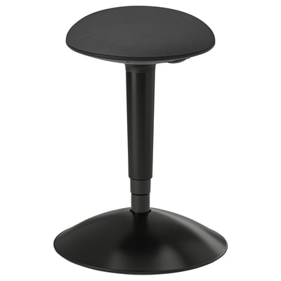 Black adjustable office stool with circular seat and base, featuring padded seat and gas height adjustment.
