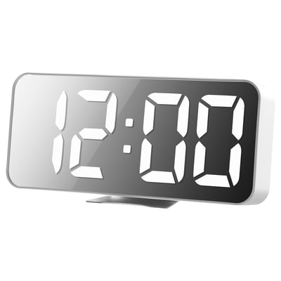 A white NOLLNING digital alarm clock with a sleek design and adjustable brightness display.