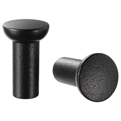 Two round black knobs with a smooth texture and cylindrical base, suitable for cabinet handles.