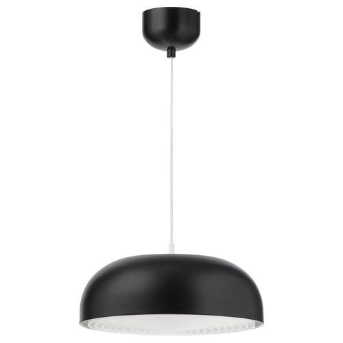 A black NYMÅNE lamp with a semi-spherical shade, featuring a grid design for light diffusion.