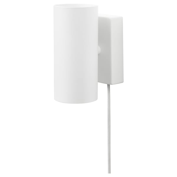 White NYMÅNE lamp, aluminium shade, steel base, directional light.