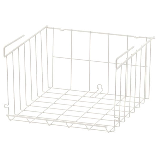 A white wire storage basket named OBSERVATÖR. It has an open square design and is made from powder-coated steel. Ideal for organising items.
