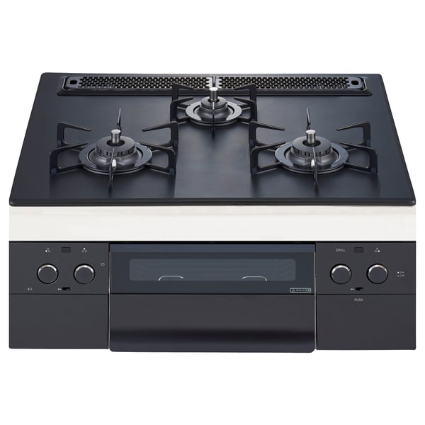 Modern black gas stove with 4 burners, central control knobs, and a removable griddle.