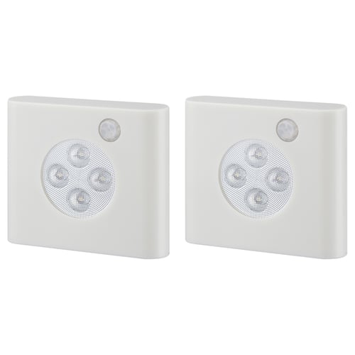 Two white OLEBY motion sensor wall lights, square shape, abs plastic.