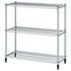 A silver, three-tiered metal storage shelf. Its designed for kitchens, bathrooms, or hallways with adjustable feet for stability on uneven floors.