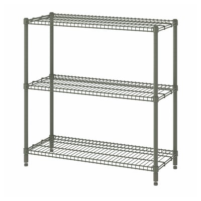 Green metal wire storage rack, 3-tier design, sturdy and industrial.