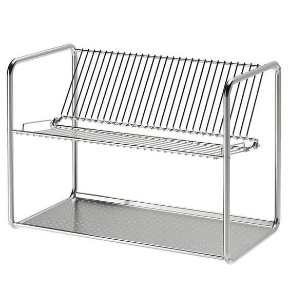 A chrome ORDNING dish drainer. It has two tiers with multiple slots for plates. Made of stainless steel, it stands neatly on a countertop.