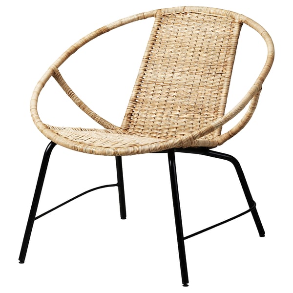 ORRESLÄTT chair: natural woven rattan on black steel legs, circular back, minimalist design.
