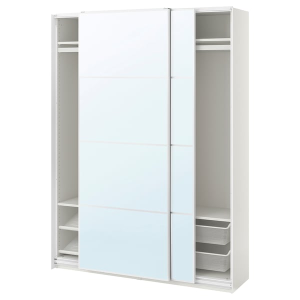 Displays a white ikea PAX wardrobe with sliding mirrored doors, featuring storage shelves and mesh baskets inside.